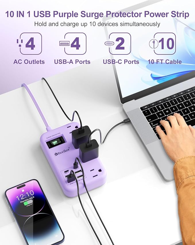 Beeiker 6 USB(2 USB C) Purple Surge Protector Power Strip- 10 Ft Purple Extension Cord with 24W USB Charging Station and 4 Outlets, Pink Desk Accessories for Cute Kawaii Lavender Travel Dorm Room