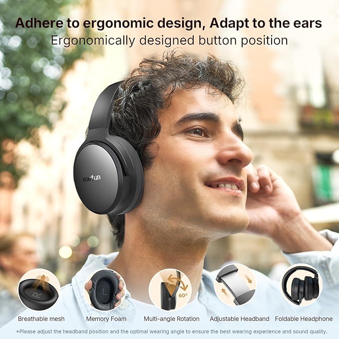 EarFun Tune Pro Active Noise Canceling Headphones, Wireless Bluetooth Headphones with 5 Mics, 120H Playtime, Bluetooth 5.4, Hi-Res Audio, Multipoint Connection, Custom EQ via App, Comfortable Fit