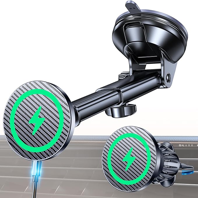 Coolpow for MagSafe Car Mount Charger【Ultra Magnet】 Magnetic Phone Holders for Your Car Charger【Windshield+Vent+Dash】 Magnetic Wireless Car Phone Holder Charger Car Mount for iPhone 17 (Carbon Fiber)