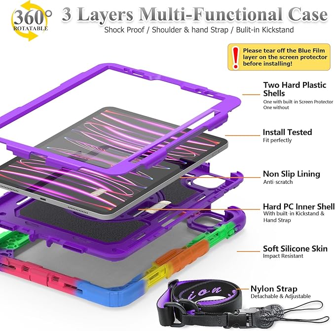 SEYMAC stock Case for iPad Mini 7 (A17 Pro)2024/ Mini 6 8.3'' with Screen Protector Pencil Holder [360 Rotating Hand Strap] &Stand, Drop-Proof Case for iPad Mini 7th/6th Generation 8.3"Purple+Colorful