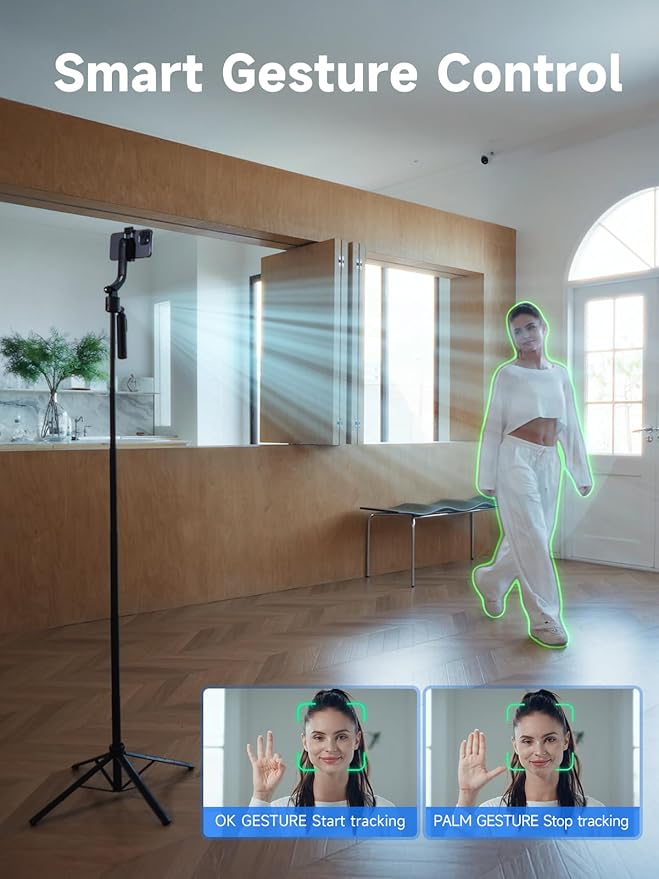 Rollei Auto Face Tracking Tripod, Smartphone Gimbal Stabilizer 64'' Selfie Stick Tripod Holder 360° Rotation for iPhone/Android Stand for Filming Streaming Tiktok Video Vlog