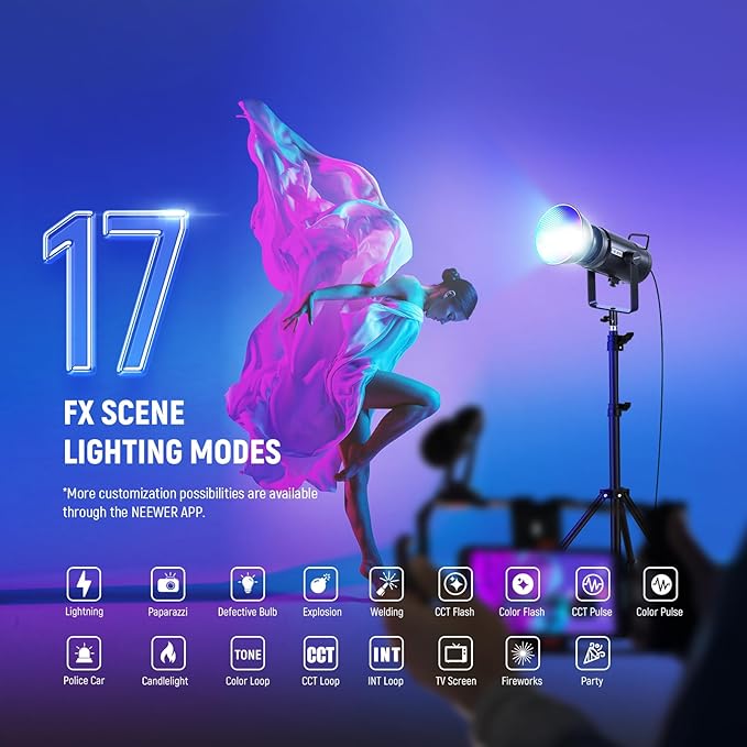 NEEWER CB 300C RGB LED Video Light with Reflector, 300W, APP/2.4G Control, 17 Scenes 29600Lux/1m 2500-7500K CRI97+/TLCI97+ Full Color Bowens COB Continuous Output Lighting Dimmable for Studio Filming
