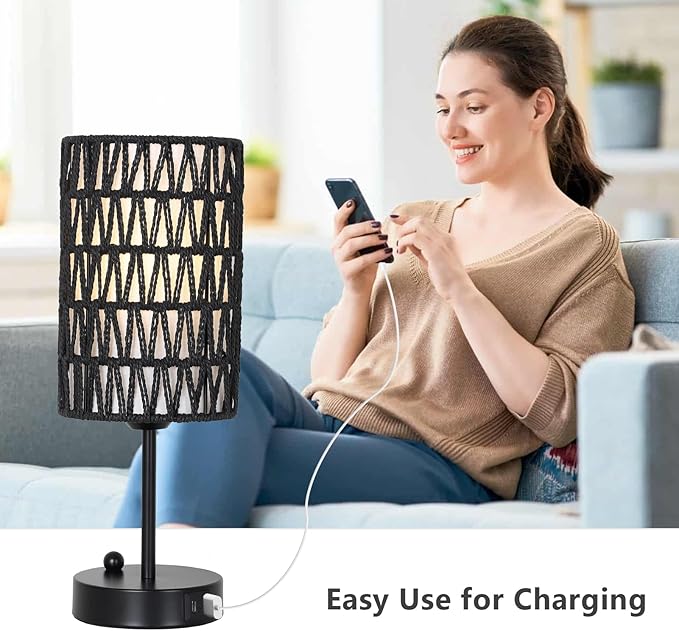 Black Bedside Lamps Set of 2, Touch Control Night Stand Lamp for Bedroom with Rattan & Linen Shade & Bulbs, 3 Way Dimmable Small Boho Table Lamps with USB Charging Port & Phone Stand