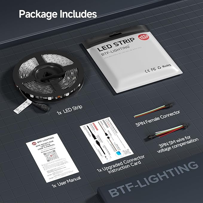 BTF-LIGHTING UL Listed WS2811 IC=RGB+IC Addressable Color RGB LED Strip,16.4FT 30LED/m 10Pixels/m,IP65 Black PCB Flexible DC12V Chasing Effect for Indoor Home Decor,3M Tape(No Adapter or Controller)