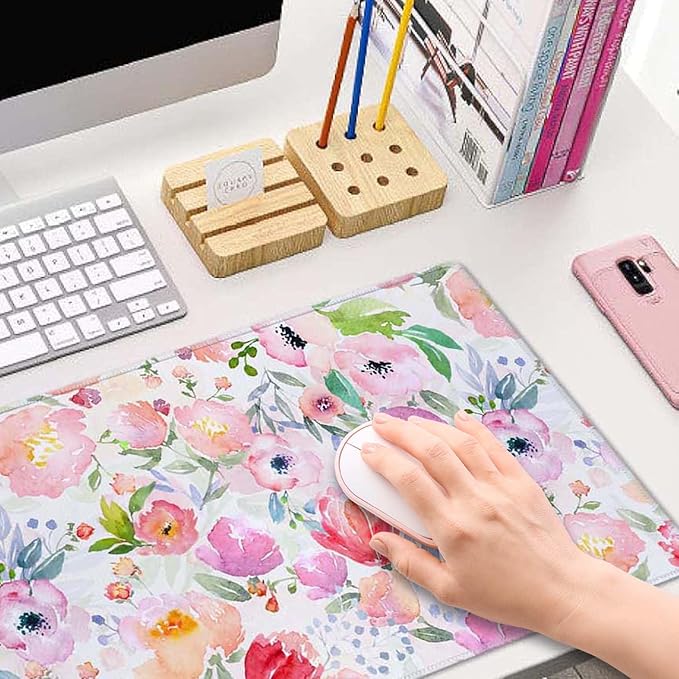 Watercolor Floral Botanical Pattern Desk Mat, Extended Big Mouse Mat for Home and Office, Large Gaming Mousepad Laptop Keyboard Mat with Non-Slip Rubber Base, Stitched Edges (31.50"x11.8"x0.12")