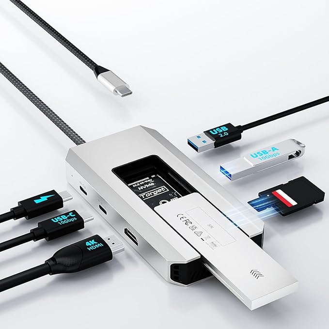 WAVLINK 8 in 1 USB C Hub with M.2 NVMe/SATA SSD Enclosure 10Gbps, 4K@144Hz HDMI, USB-C/A 10Gb, 100W PD, Aluminum Alloy USB C Enclosure for M.2 NVMe SATA SSD for M1/M2/M3/M4 MacOS Systems