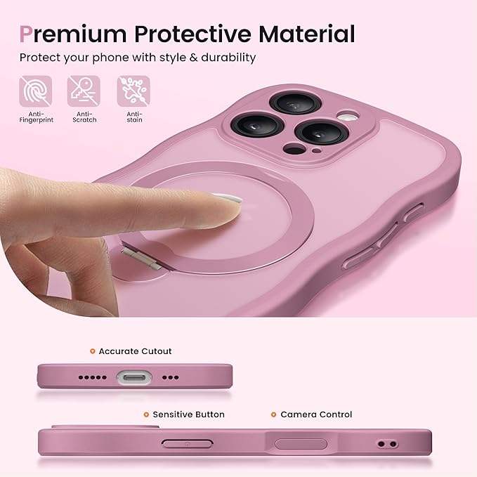 CAPRARO for iPhone 16 Pro Max Case with 360° Spin Magnetic Stand for Women, [Compatible with MagSafe] [Full Camera Protection] Cute Wave Translucent Matte Case for iPhone 16 Pro Max, Black Currant