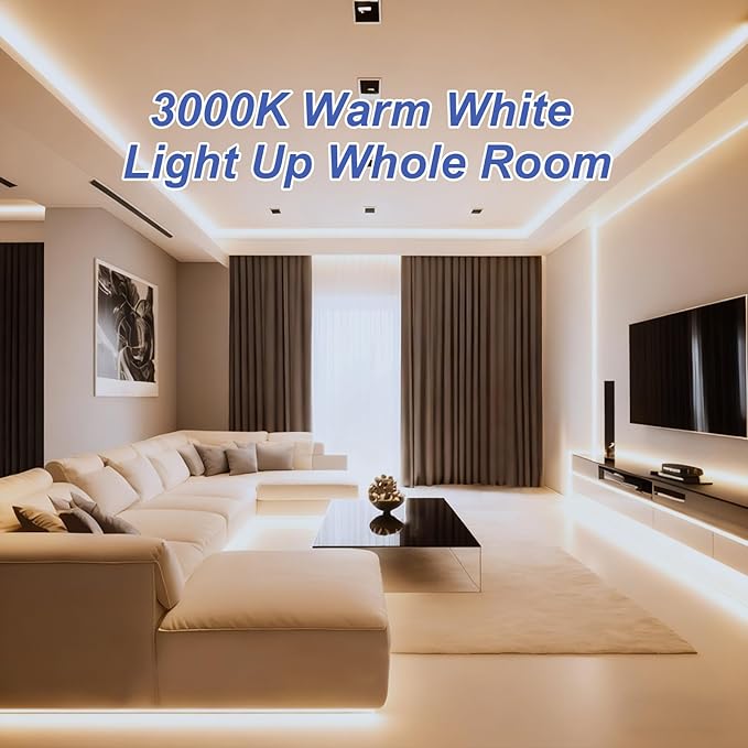 Warm White LED Strip Lights, 32.8ft Dimmable Bright Rope 3000K LED Light Strip, White 12V 600 LEDs Flexible Tape Lights for Bedroom, Mirror, Kitchen Decoration