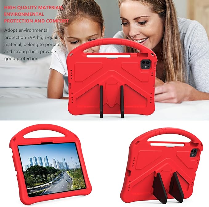 Kids Case for iPad Air 11 inch M4/M3/M2 (2026/2025/2024) with Pencil Holder/Shockproof Handle/Kickstand/Slim Lightweight Soft EVA Foam Folio Stand Tablet Protective Girls Boys Cover, Red