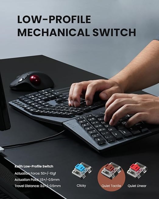 Perixx PERIBOARD-535BR [Firmware Updated] Wired Ergonomic Mechanical Keyboard - Full-Size - Low-Profile Brown Tactile Switches - NKRO Anti-Ghosting - Compatible with Windows and macOS