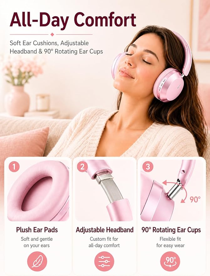 Wentronic Y05 Bluetooth Over-Ear Headphones with Active Noise Cancelling, Hi-Res Audio, 48H Playtime, Built-in Mic, Wired/Wireless, Works with iOS, Android & PC, Pink