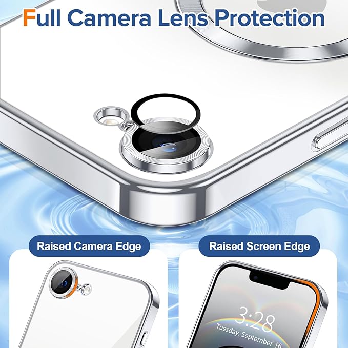 Hython Magnetic Clear for iPhone 16e Case with Camera Lens Protector [Compatible with MagSafe] Luxury Plating Edge Slim Soft TPU Cover Protective Phone Case for iPhone 16e 6.1", Silver