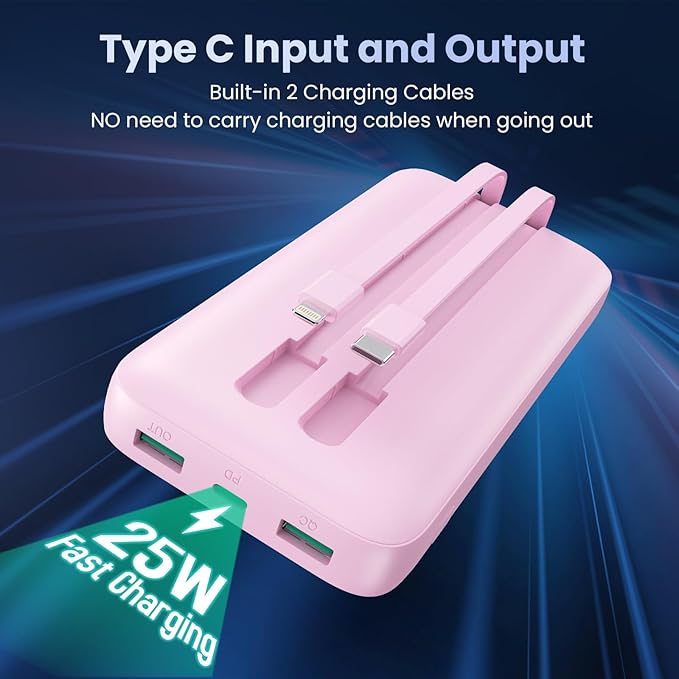 Portable Charger PowerBank 40,800mAh with Built-in Cables,25W PD Fast Charging +QC 4.0 Quick Phone Charging Power Bank, Travel Essential Charger Battery Pack for iPhone 17/16/15 Android Galaxy etc