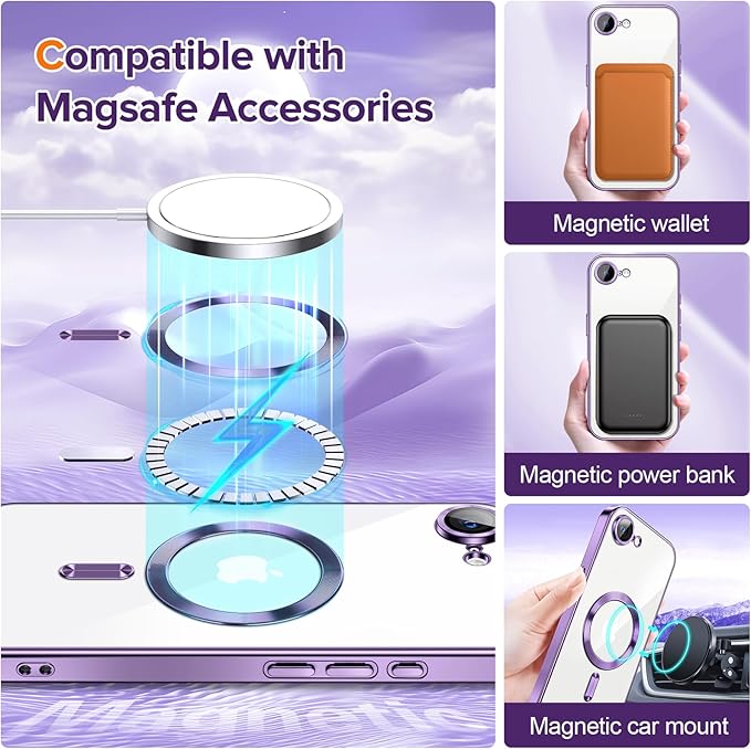 Hython Magnetic Clear for iPhone 16e Case with Camera Lens Protector [Compatible with MagSafe] Luxury Plating Edge Slim Soft TPU Cover Protective Phone Case for iPhone 16e 6.1", Deep Purple