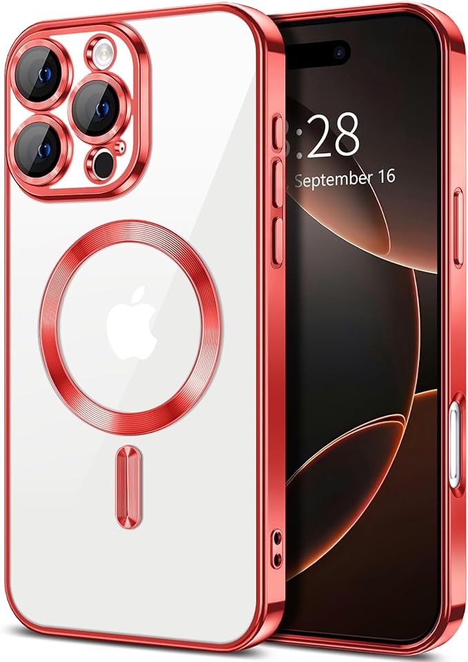 Hython Magnetic Clear for iPhone 16 Pro Max Case with Camera Lens Protector [Compatible with MagSafe] Plating Edge Slim Soft TPU Cover Protective Phone Case for iPhone 16 Pro Max 6.9", Red