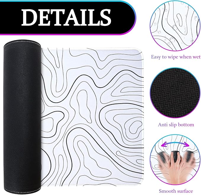 Mouse Pad Gaming Mousepad, 31.5 x 11.8in Large Desk Mat Keyboard Pads Extend Long XL Mouse Mat with Non-Slip Base Desk Accessories for Home Office Keyboard Mouse (White Topographic)