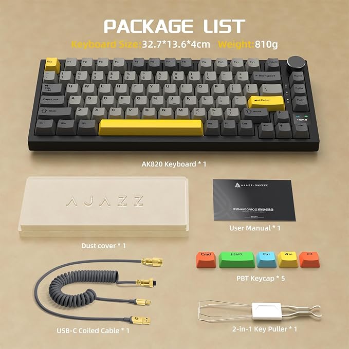 Attack Shark ajazz AK820 Pro 75% Mechanical Keyboard and Coiled Cable Hot Swappable Wireless 2.4GHz/Bluetooth/Wired TFT Screen & Knob Flying Fish Switch RGB Gasket Mount Custom Keyboard-Black