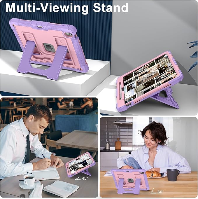 Kids Friendly Case for iPad Air 13 Inch M4 M3 M2 2026/2025/2024 Case with Pencil Holder & Shoulder Strap, Military Grade Shockproof Kickstand Hard Shell Protective Cover,Pink+Purple