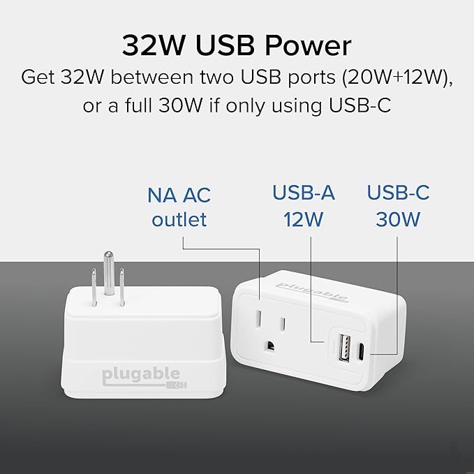 Plugable Outlet Extender with USB-C & USB-A Fast Charging - Wall Charger Block for iPhone 15/16. Pass-Through Design, Travel & Office