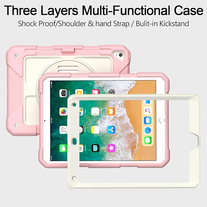 MENZO Shockproof Case for iPad 5th Gen/6th Gen/Air 2/Pro 9.7-inch with 360° Swivel Stand, Pencil Holder, Detachable Hand and Shoulder Strap, Beige+Pink