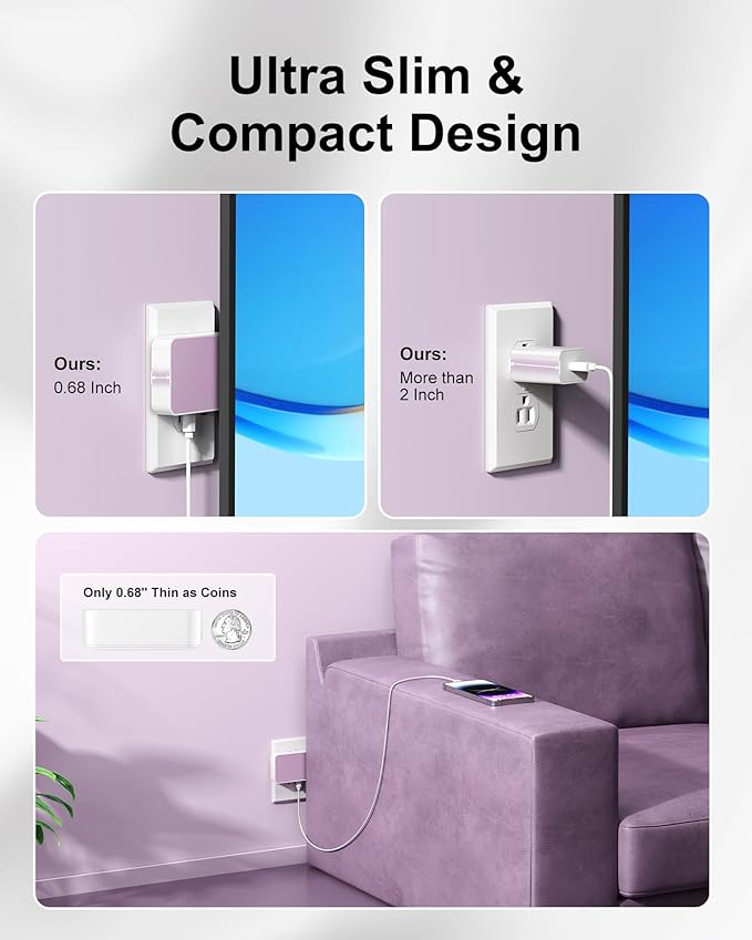 Flat USB Wall Charger 4 Ports Slim 35W USB-C/A Flodable Plug Fast Charging Block for iPhone 8/9/10/11/12/13/14/15 Multiport Power Charging Adapter for ipad and Galaxy Series S8-10 Purple