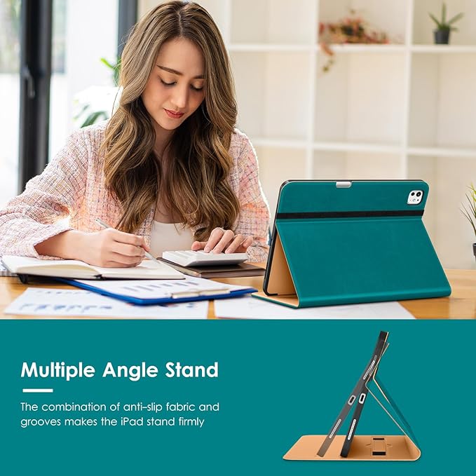 VIKESI Case for iPad Pro 13 (M4) 2024, Leather Stand Cover with Apple Pencil Holder, Auto Wake/Sleep, Multiple Viewing Angles, Built in Hand Strap & Pocket, Green