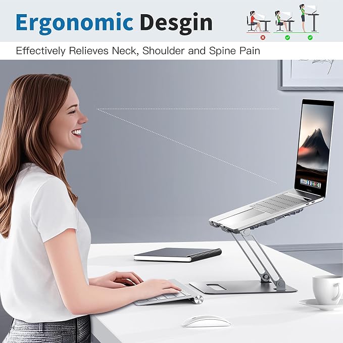 YICOSUN Adjustable Laptop Cooling Stand with 2 Quiet Fans & RGB Lighting, Aluminum Alloy & Foldable Ergonomic Design for MacBook, Lenovo, ASUS, Dell 10-16 Inch, Perfect for Gaming, DJ, Office - Silver
