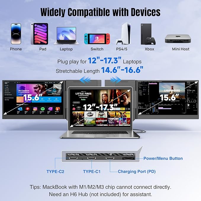 KEFEYA Laptop Screen Extender 15.6", 1080P FHD IPS Ultra-Slim Triple Portable Monitor for Laptop 12-17.3", Eyes Care HDR Travel Monitor, USB-C/HDMI Plug-Play Monitor Extender for macOS/Win and Phone