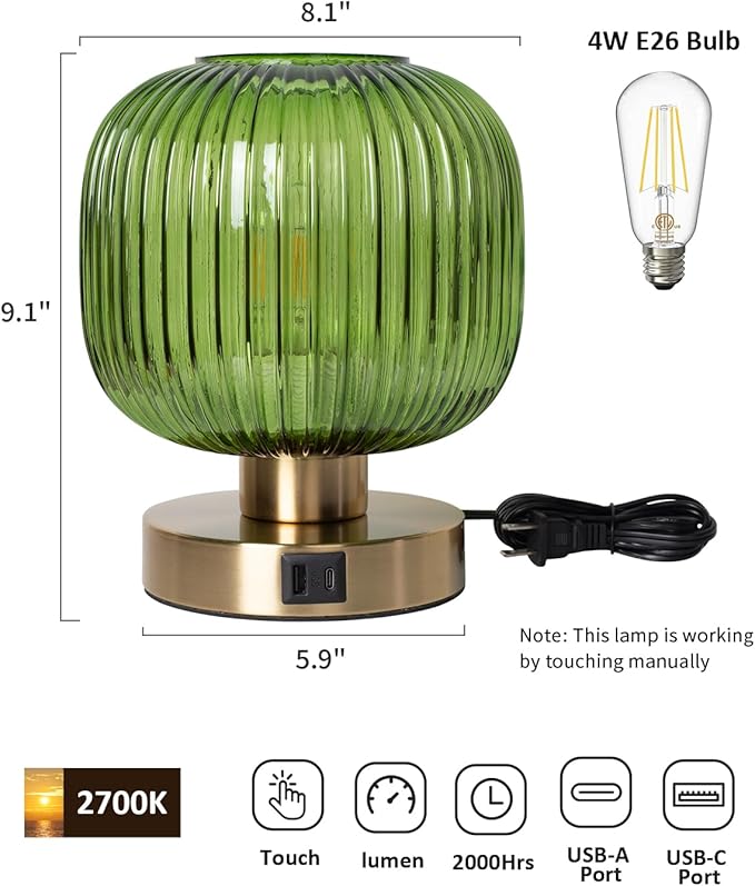 Elenhome Big Touch Table Lamp,Elegant Green Glass Bedside Lamp 3 Way Dimmable with USB C+A Charging Ports - Bedroom Nightstand & Living Room Essential, 4W Bulb Included (Green)