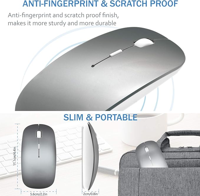 Bluetooth Wireless Mouse for MacBook Air Mac Pro Laptop Computer iPad Pad PC Laser Optical Rechargeable Mini Slim Silent Mouse Widely Used Desktop Hp iMac (Gray)