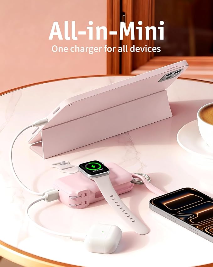 RORRY Flow Portable Charger, 10000mAh 40W Fast Charging Power Bank with Built-in USB C Cable and Foldable Wall Plug, Battery Pack Travel Essentials for iPhone 17/16/15, Apple Watch, iPad, MacBook