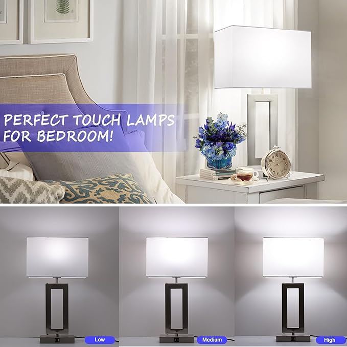 22'' Lamps for Bedrooms Set of 2, Touch Control Table Lamps with 2 USB Ports, 3-Way Dimmable Bedside Nightstand Lamps, Brushed Nickel &White Lamp for End Table Living Room Modern Contemporary
