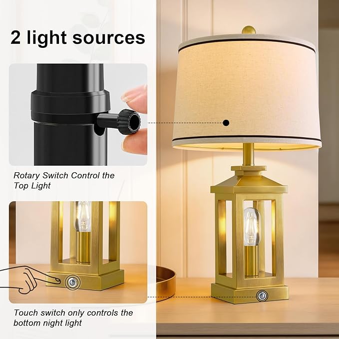 G-SAFAVA 24" Table Lamps for Living Room Bedroom Modern Gold Bedside Lamps Set of 2 Nightstand Lamps for Night Stands 3 Way Dimmable Touch Lamp with USB C+A Ports and 2 Light Sources, 4 Bulbs Includes