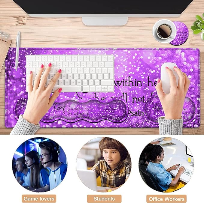Gaming Mouse Pad XXL Large Desk Mat, Psalm 465 Bible Purple Extended Non-Slip Rubber Mice Pads Stitched Edges(31.5x11.8 in),Ergonomic Premium Memory Foam Keyboard Wrist Rest and Black Mouse Pad Set