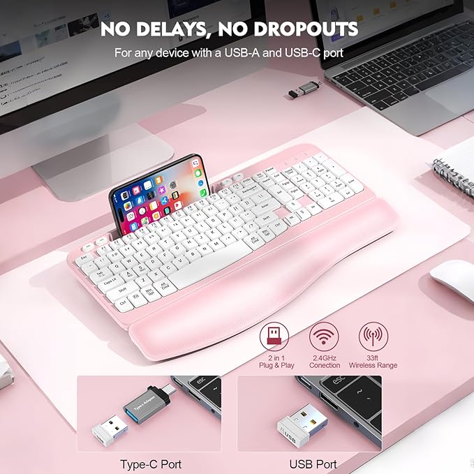 Ergonomic Wireless Keyboard with Cushioned Wrist Rest, Wave Keys, Phone Holder, Comfortable Natural Typing, 2.4GHz Full Size Cordless USB Computer Keyboard for Windows, Mac OS, Laptop, PC (Pink)