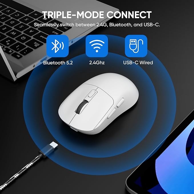 MELOGAGA Wireless Gaming Mouse, 2.4G/Bluetooth 5.4/USB-C 3-Mode Wired/Cordless Game Mice with 8 Adjustable DPI, Ergonomic Rechargeable Computer Mouse for PC, Mac, PS5, Tablet -White