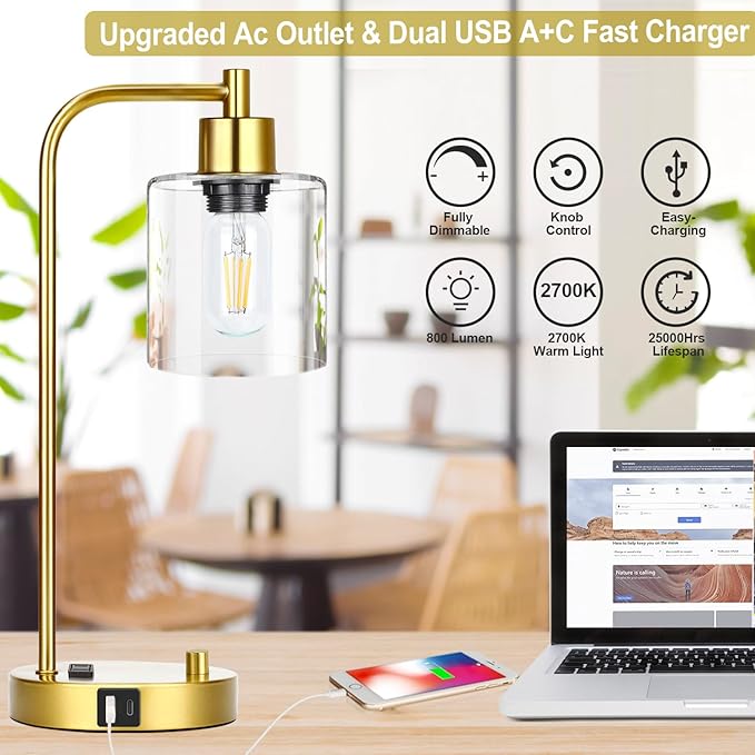 Gold Industrial Table Lamp with USB A+C Ports & Outlet, Fully Stepless Dimmable Modern Nightstand Lamp, Glass Shade Bedside Desk Lamp for Bedroom Living Room Office, 8W 2700K LED Edison Bulb Included