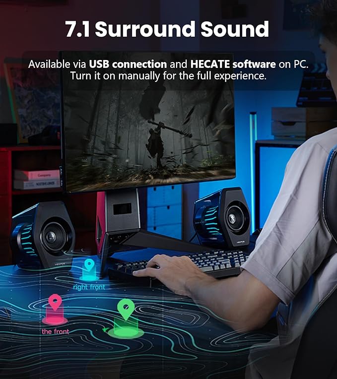 Edifier G2000 Pro 2.0 RGB Gaming Speakers with 64W Peak Power, Virtual 7.1 Surround Sound, 270° TempoFlow Light Sync, Bluetooth 5.4/USB-C/AUX for PC, PS5, Game Console (Black)