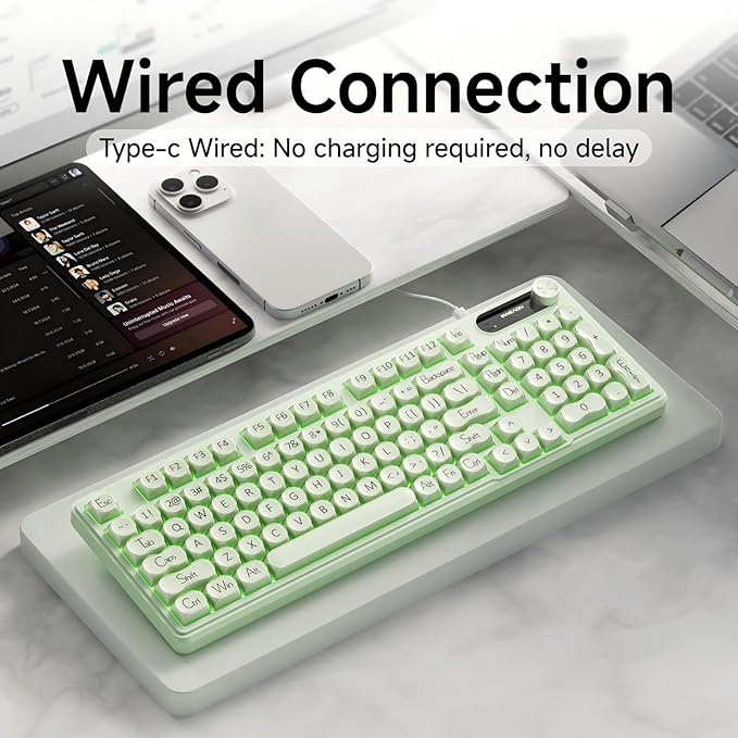 EWEADN V102 Wired Keyboard, 98 Keys Creamy Gaming Keyboard with Display Screen, Media Knob RGB Silent Wired Cute Computer Keyboard for Laptop PC Gamer - Green