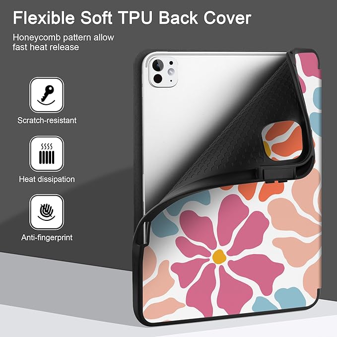 MEEgoodo Case for M5 iPad Pro 11 inch 2025/M4 iPad Pro 11 inch Case 2024, Tablet Cover with Trifold Stand & Pencil Holder & Auto Wake/Sleep & Soft TPU Back Cover, Minimalist Style Floral
