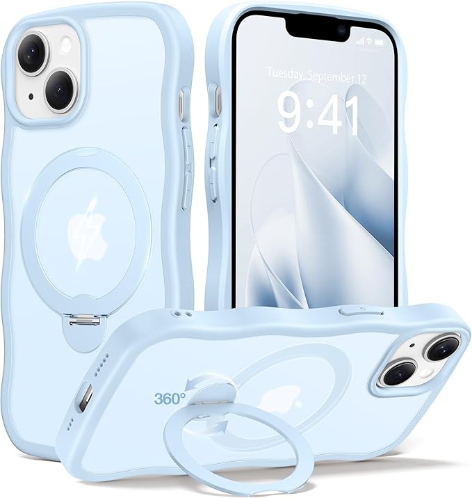 CAPRARO for iPhone 13 Case & iPhone 14 Case with 360° Spin Magnetic Stand for Women, [Compatible with MagSafe] [Camera Protection] Cute Wave Translucent Matte Case for iPhone 13/14, Light Blue