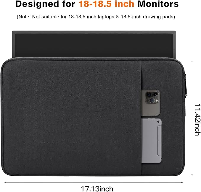 Portable Monitor Case 18.5 inch, Padded Shockproof Protective Carrying Sleeve for Most 18.5" Portable Monitors, Water-Resistant Monitor Display Bag Cover with Accessory Pocket -Black