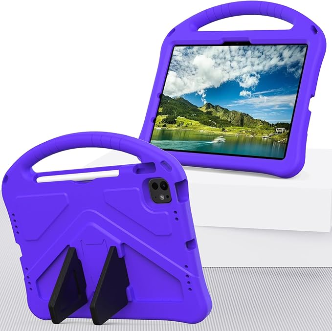 Kids Case for iPad Pro 11-inch (M5) 2025/(M4) 2024, Air 11" 2026 M4/M3/M2 Case with Pencil Holder, Techcircle Lightweight Shockproof EVA Foam Handle Stand Anti-Slip Grip Rugged Cover, Purple