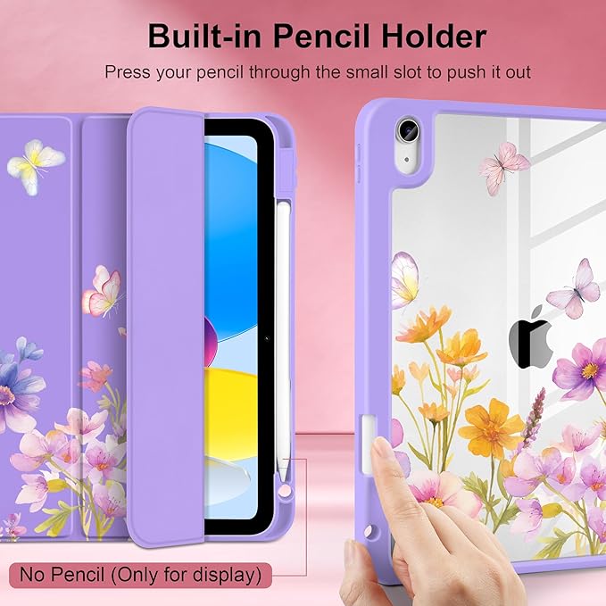 Case for iPad Air 13 inch 2026 M4 2025 M3 2024 M2 Release Slim Lightweight Shockproof Cute Violet Cover with Clear Back TPU Edge Pencil Holder Trifold Stand Auto Wake Sleep, Watercolor Flower