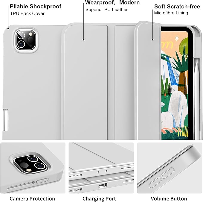 Case for iPad Pro 12.9 Inch Case 6th/5th/4th/3rd Generation with Pencil Holder, Smart Stand Cover with Soft TPU Back for iPad 12.9 Pro Case (2022/2021/2020), Auto Sleep/Wake, Gray