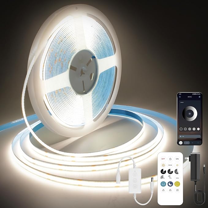 Pandery COB LED Strip Lights Natural White,24V Dimmable led Light Strip KIT with Remote and app Control,4000K 25FT/7.5m 8mmwide Ra>90 Cuttable Flexible Strip Lights for Bedroom,Wardrobe,Cabinet