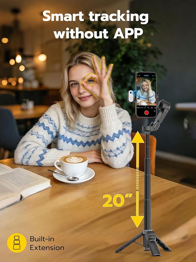 AOCHUAN Gimbal Stabilizer for iPhone w/AI Tracking Module &Fill Light, 3-Axis Anti-Shake Phone Stabilizer w/Magnetic Remote, Gesture Control, One-Tap Tripod Release, Built-in Extension Rod,Smart X3AI