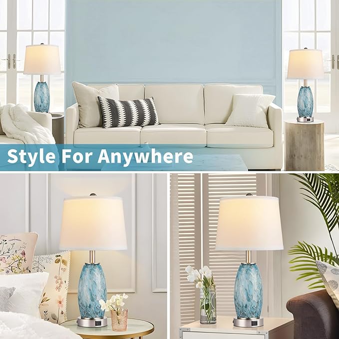 Lovlast Table Lamps Set of 2 with 3-Way Lighting Modes, USB & Type C Ports - Coastal Modern Style Glass Nightstand Lamps for Living Room & Bedroom Decoration (23.5" H)