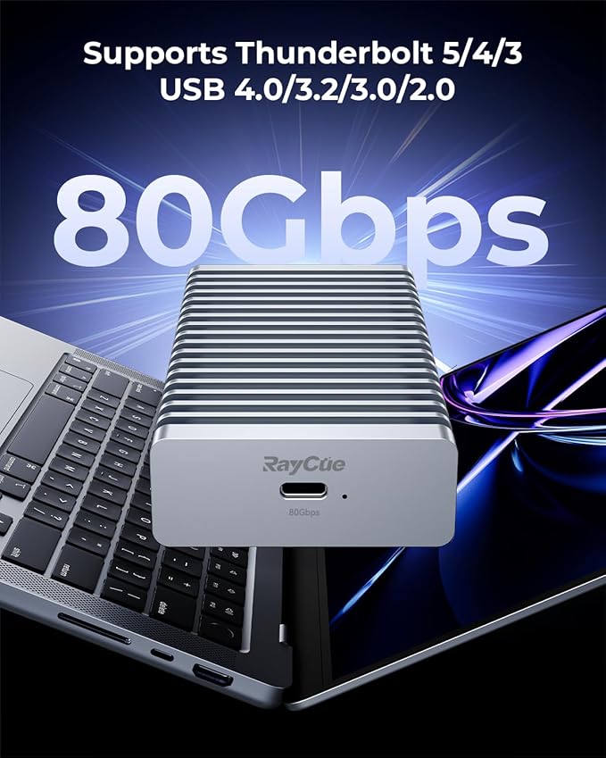 RayCue 80Gbps M.2 NVMe SSD Enclosure with Cooling Fan, Compatible with Thunderbolt 5/4/3, USB 4.0/3.2/3.0/2.0 M-Key/(M&B) Key NVMe 2280 SSD up to 8TB