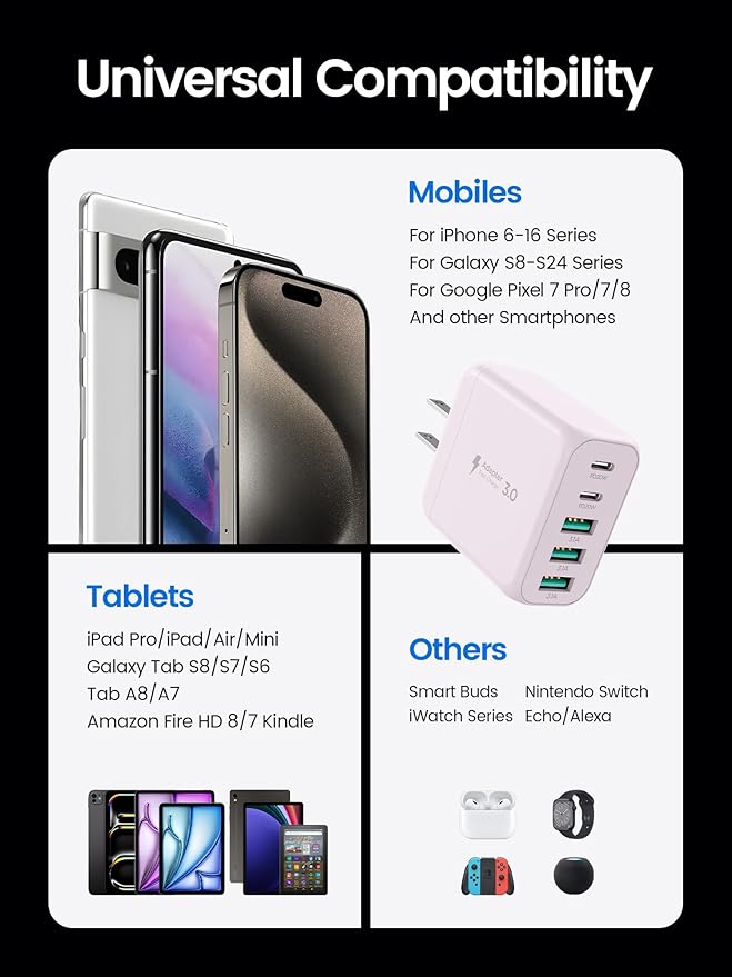 EIZLXQ USB C Charger Block, [2-Pack] Type C Charger Fast Charging,50W 5-Port USB Wall Charger Multiport Type C Charging Block Cube for iPhone 17/16/15/14/13/12/11 Pro Max XS,iPad,Samsung&More-Pink
